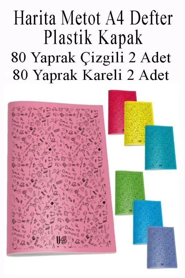 Defter Plastik Kapak A4 80 Yaprak Çizgili 2 Adet ve 80 Yaprak Kareli 2 Adet Harita Metod Defter - 2