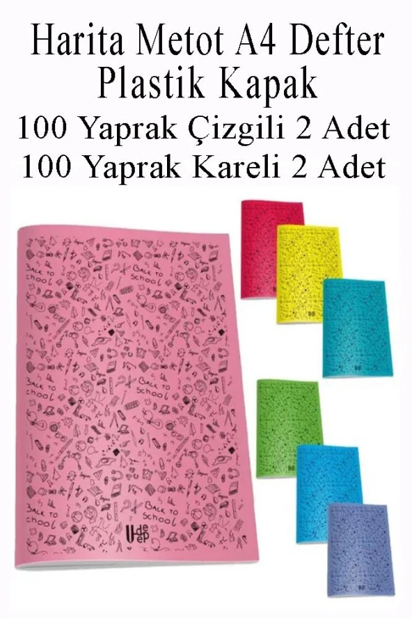 Defter Plastik Kapak A4 100 Yaprak Çizgili 2 Adet ve 100 Yaprak Kareli 2 Adet Harita Metod Defter