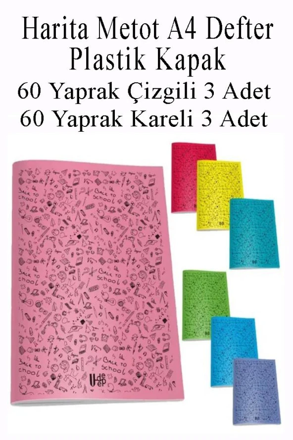 Defter Plastik Kapak A4 60 Yaprak Çizgili 3 Adet ve 60 Yaprak Kareli 3 Adet Harita Metod Defter