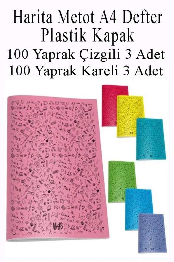 Defter Plastik Kapak A4 100 Yaprak Çizgili 3 Adet ve 100 Yaprak Kareli 3 Adet Harita Metod Defter