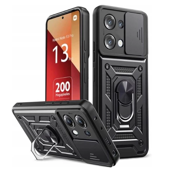 Gpack Xiaomi Redmi Note 13 Pro 4G Kılıf Tank Aramid Sürgülü Vega Yüzüklü Sert Silikon - Resim 2