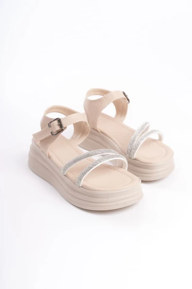 ZLOHE Kalın Tokalı Taşlı Şeritli Ortopedik Taban Kadın Sandalet KT Krem - 4