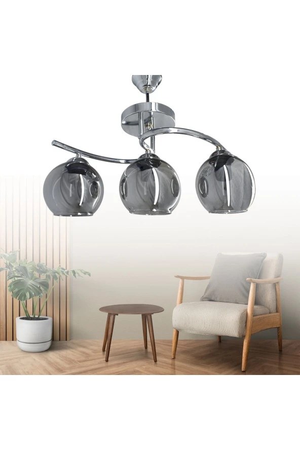 Mutu Ticaret Fuji Krom 3'lü Füme Camlı Avize | Kaliteli Modern Metal Avize - 4