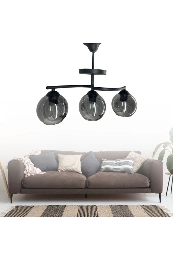 Mutu Ticaret Fuji Siyah 3'lü Füme Camlı Avize | Kaliteli Modern Metal Avize - 4