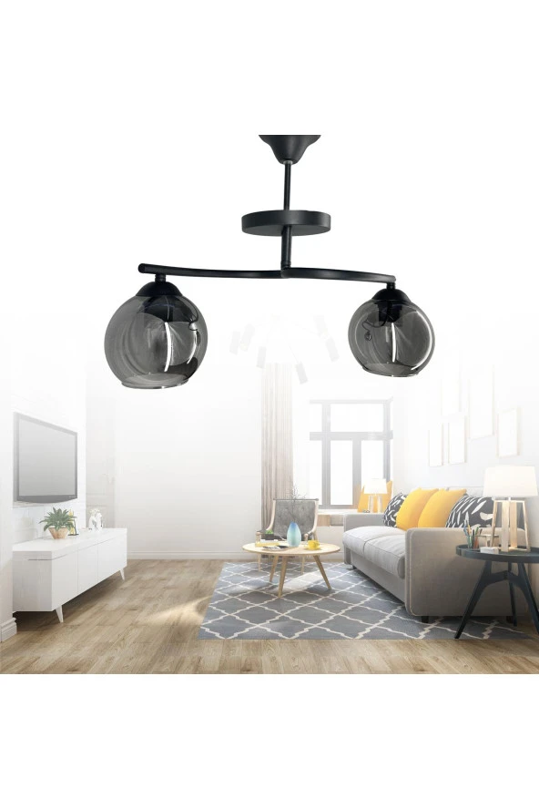 Mutu Ticaret Fuji Siyah 2'li Füme Camlı Avize | Kaliteli Modern Metal Avize - 4