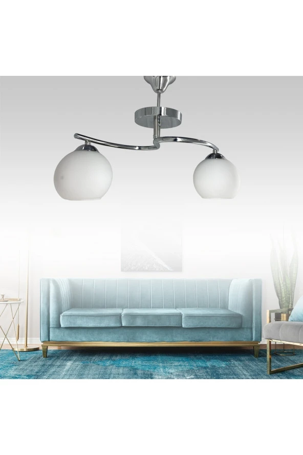 Mutu Ticaret Fuji Krom 2'li Beyaz Camlı Avize | Kaliteli Modern Metal Avize - 4