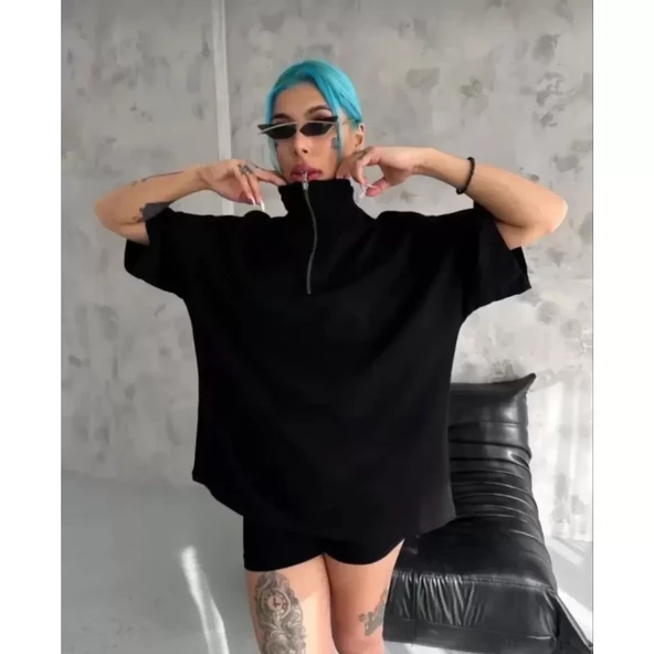 Lucky Life Unisex Yarım Fermuarlı Düz Oversize T-Shirt - Siyah
