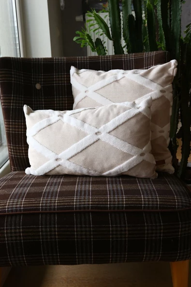 Bohem Özel Tasarım Punch Panç Desen Kırlent Kılıfı Bella Bej - Resim 3