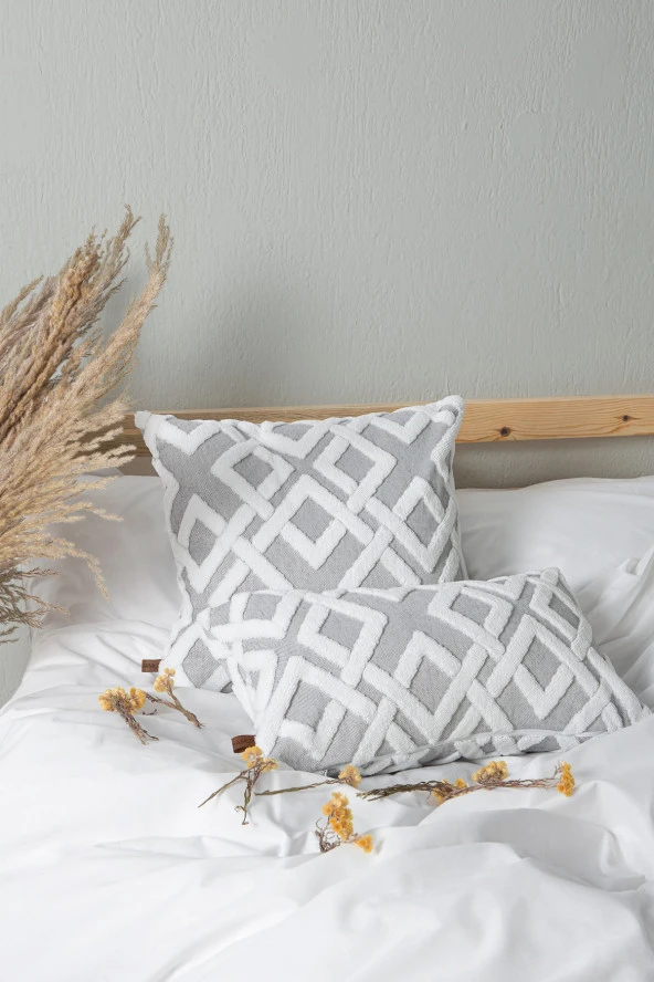 Bohem Özel Tasarım Punch Panç Desen Dekoratif Kırlent Kılıfı Mila Gri - Resim 5