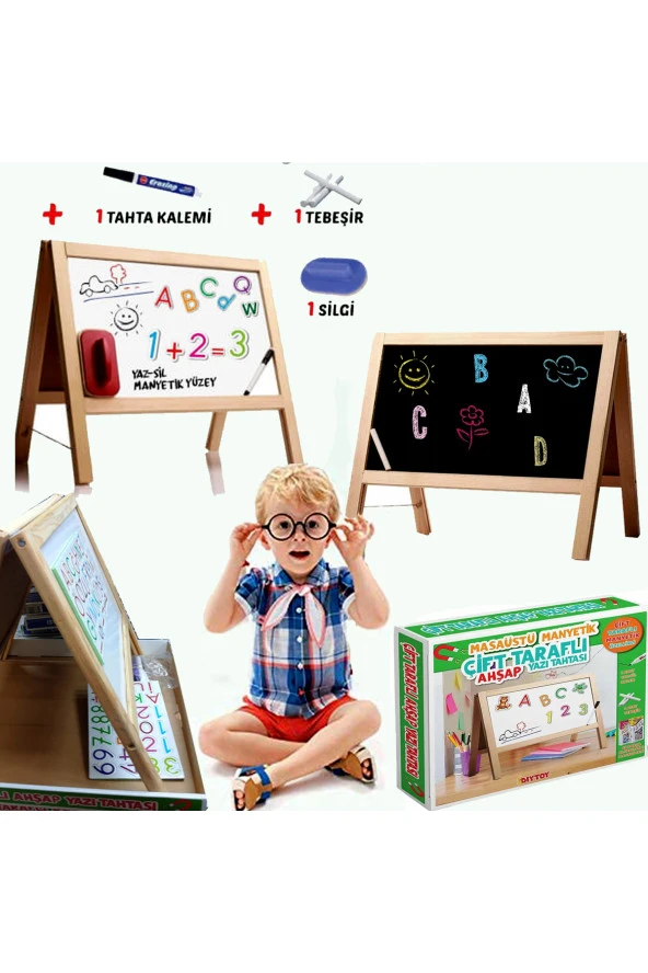 Manyetik Çift Taraflı Masaüstü Ahşap Yazı Tahtası EGİTİM VE ÖĞRENİM SETİ