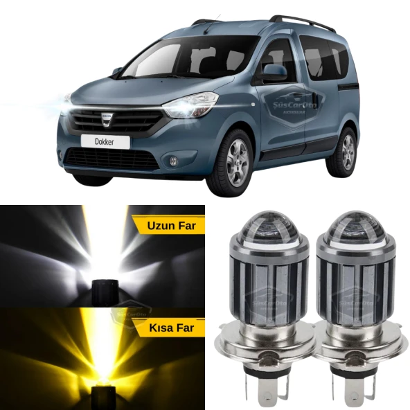 Dacia Dokker 2012-2022 Uyumlu Mercekli Far Ampulü Led Xenon Çift Renk Sarı-Beyaz Far Şimşek Etkili CSP Led Lamba Uzun Kısa 2 Adet Takım