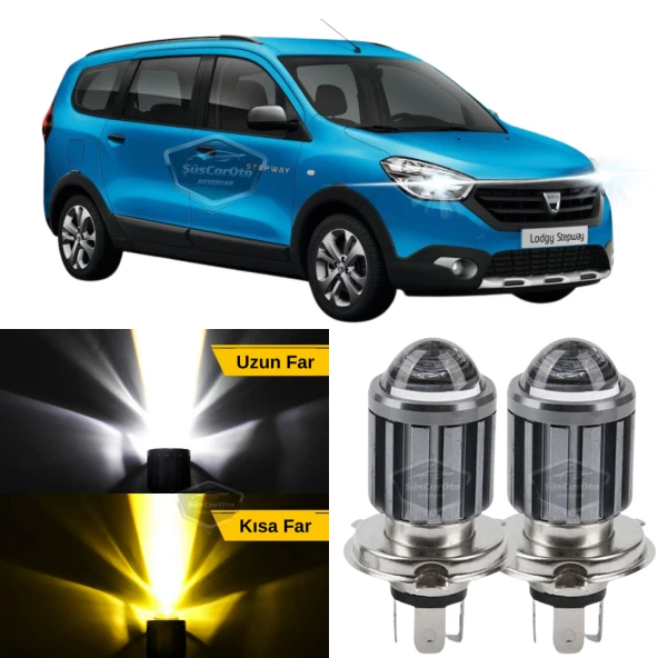 Dacia Lodgy 2012-2022 Uyumlu Mercekli Far Ampulü Led Xenon Çift Renk Sarı-Beyaz Far Şimşek Etkili CSP Led Lamba Uzun Kısa 2 Adet Takım