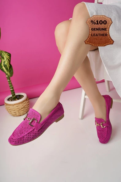 Muggo PHUKET Garantili Metal Tokalı Lazerli Nefes Alabilen Deri Kadın Loafer Günlük Ayakkabı - 8