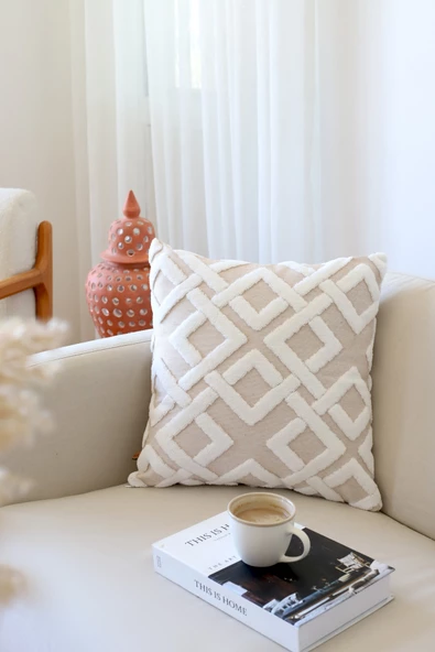 Bohem Özel Tasarım Punch Panç Desen Dekoratif Kırlent Kılıfı Mila Bej ürün görseli 1