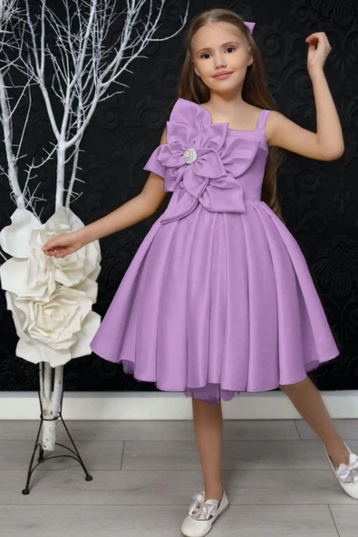 Kız Çocuk Göğsü Çiçek Detaylı Kalın Askılı Lila Abiye - Resim 4