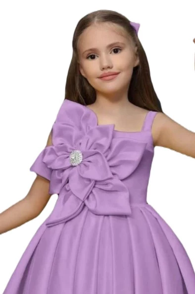 Kız Çocuk Göğsü Çiçek Detaylı Kalın Askılı Lila Abiye - Resim 2