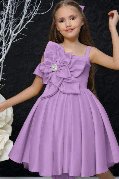 Kız Çocuk Göğsü Çiçek Detaylı Kalın Askılı Lila Abiye - Resim 5