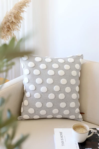 Bohem Özel Tasarım Punch Panç Desen Dekoratif Kırlent Kılıfı Point Gri ürün görseli