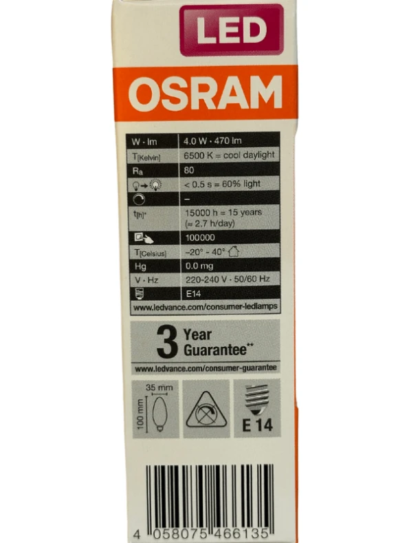 Osram 4W (40W) 6500K (Beyaz Işık) E14 Duylu Eski Tip Görünümlü Led Ampul (8 Adet) - Resim 3
