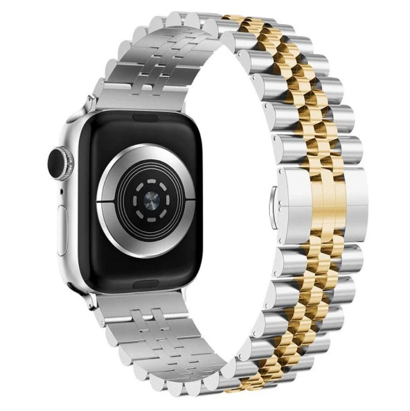 Apple Watch 2/3/4/5/6/7/8/Se/Ultra 42 44 45 49MM Uyumlu Çelik Baklalı Metal Kordon Gümüş Gold - 3