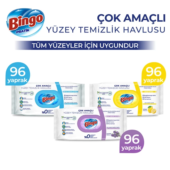 Bingo Pratik Yüzey Temizlik Havlusu Beyaz Sabun, Lavanta & Limon 96'lı (288 YAPRAK)