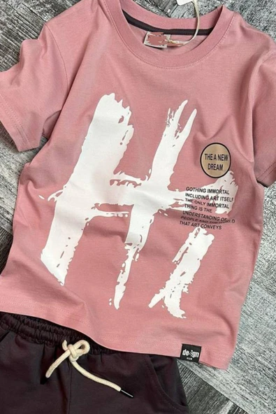 Erkek Çocuk Hi Yazı Baskılı Kısa Kollu Pudra Şortlu Takım - 6