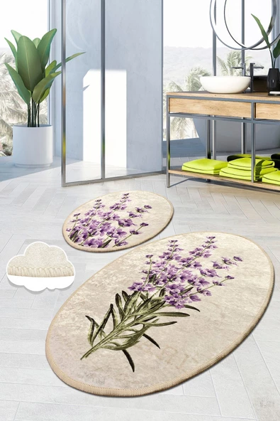 Chilai Home Lavender Dijital 2 Lı Set Klozet Takımı Banyo Paspas Seti Halısı Yıkanabilir