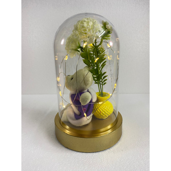 Işıklı Mor Üstlü Peluş Ayıcık Ve Çiçekli Fanus - 3