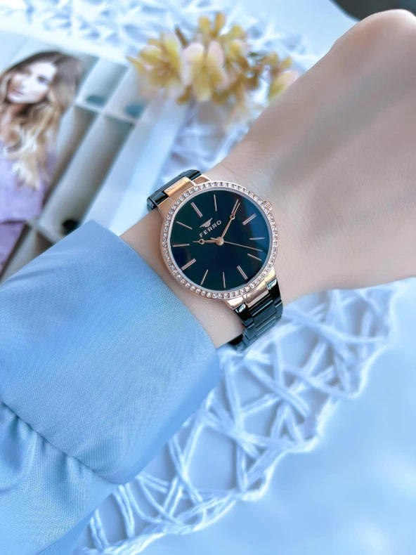 Ferro Çelik Kordonlu Siyah/Rose Kararmaz Renk Atmaz 3 Atm Özel Tasarım Kadın Kol Saati BF21093AWT-R - Resim 2