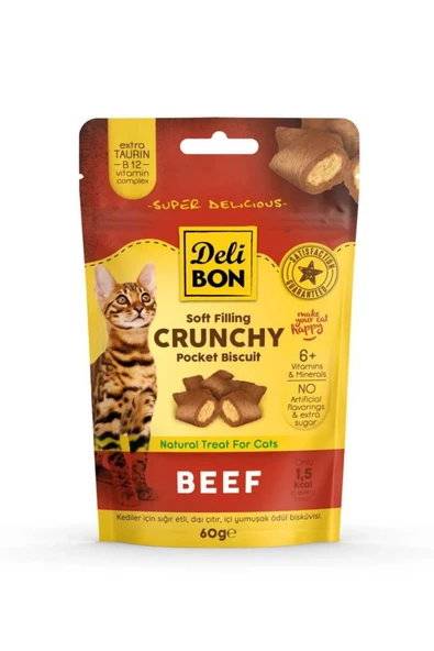 Crunchy İçi Dolgulu Kedi Ödül Bisküvisi Sığır etli 60gr