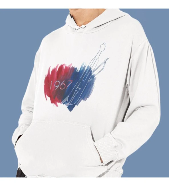 Bordo Mavi Fırtına Baskılı Kapşonlu Beyaz Unisex Sweatshirt HK2161