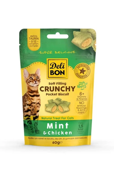 Crunchy İçi Dolgulu Kedi Ödül Bisküvisi Tavuklu ve Naneli 60gr