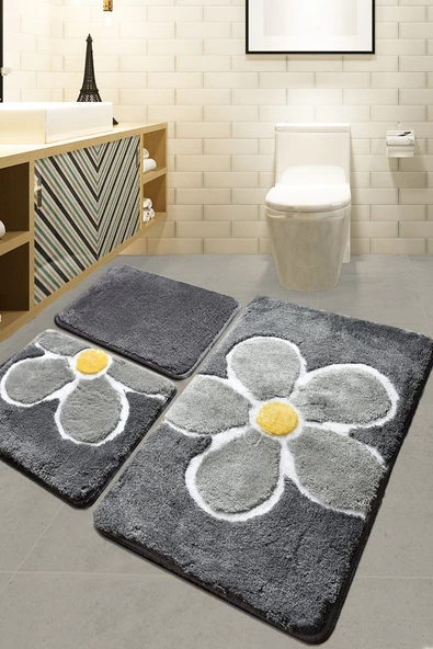 Chilai Home Flower Gri 3 Lü Set Klozet Takımı, Banyo Paspas Seti Halısı