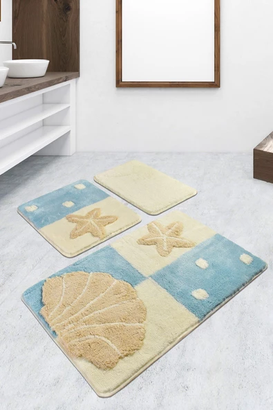 Chilai Home Deniz Yıldızı Mavi 3lü Set Banyo Halısı Yıkanabilir, Kaymaz Taban