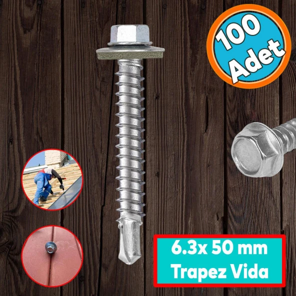 Trapez Çatı Vidası 6.3x50 mm Paket 100 ADET Matkap Uçlu Sac Akıllı Vida Çatı Panel Metal Ağaç Vidası ürün görseli
