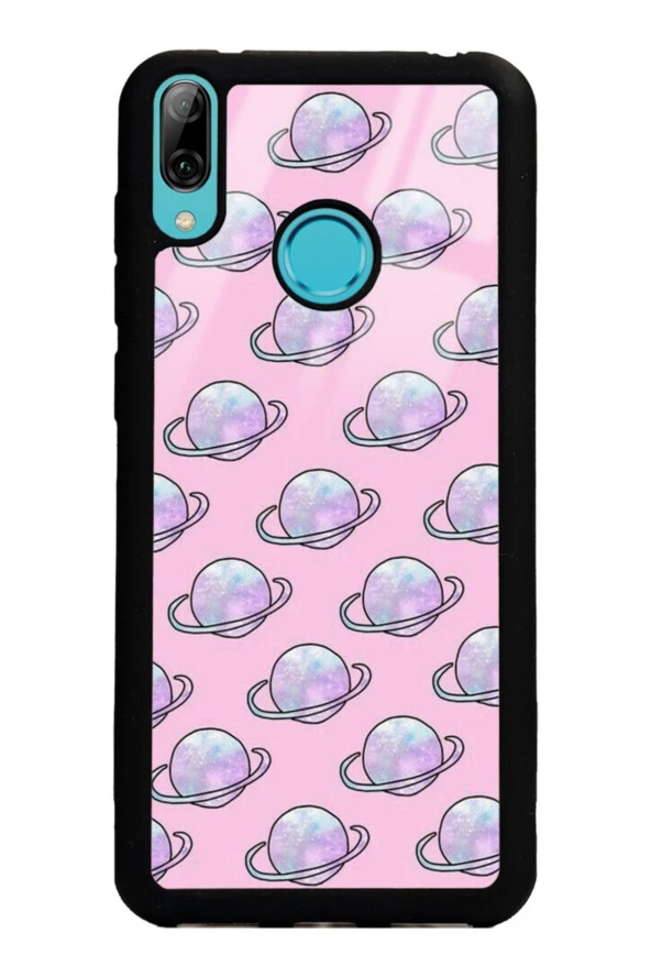 Huawei Y7 (2019) Pembe Saturn Tasarımlı Glossy Telefon Kılıfı