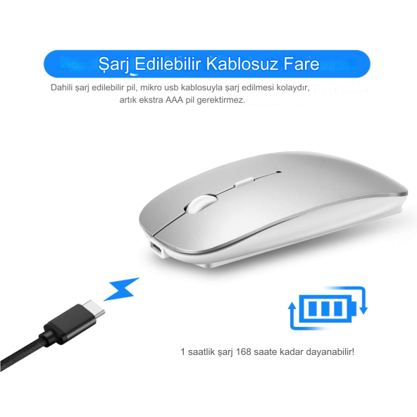 Taşınabilir Sessiz Işıklı  Kablosuz Şarj Edilebilir Bluetoothlu Tablet Bilgisayar Tv  Uyumlu  Fare - 4