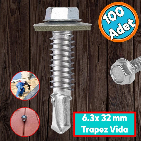 Trapez Çatı Vidası 6.3x32 mm Paket 100 ADET Matkap Uçlu Sac Akıllı Vida Çatı Panel Metal Ağaç Vidası ürün görseli