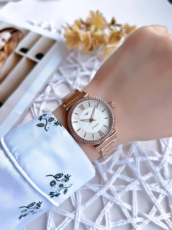 Ferro Rose Gold Renk 3 Atm Suya Dayanıklı Çelik Kordon Özel Tasarım Kadın Kol Saati BF2994AWT - Resim 2