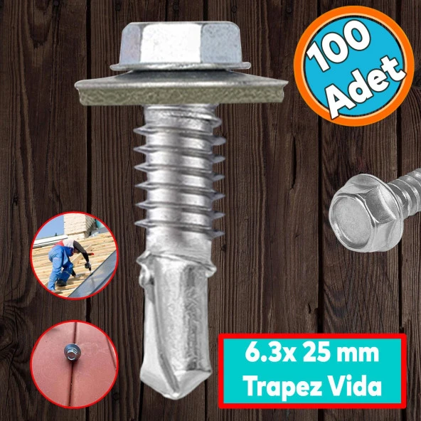 Trapez Çatı Vidası 6.3x25 mm Paket 100 ADET Matkap Uçlu Sac Akıllı Vida Çatı Panel Metal Ağaç Vidası