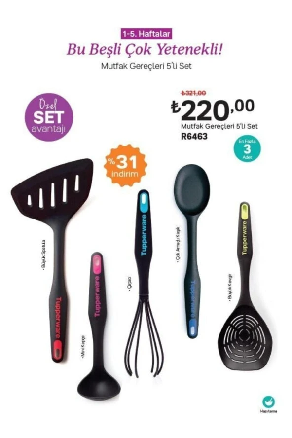 Modern Peri Set 5'li ( Kaşık, Mini Kepçe, Spatula, Çırpıcı Ve Kevgir)