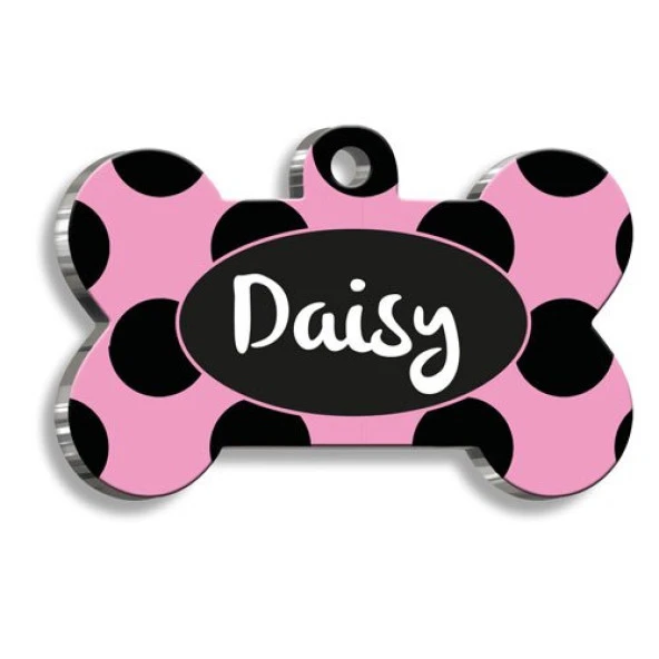 Siyah Pembe Puantiye Kemik Şekilli Köpek Künyesi Medium 2,6 x 3,8 cm ürün görseli 1