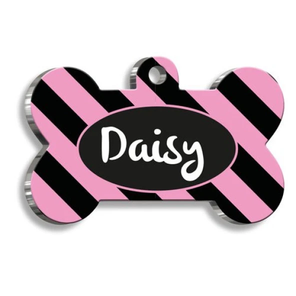 Pembe Siyah Çizgili Desenli Kedi Köpek Künyesi Medium 2,6 x 3,8 cm - 1
