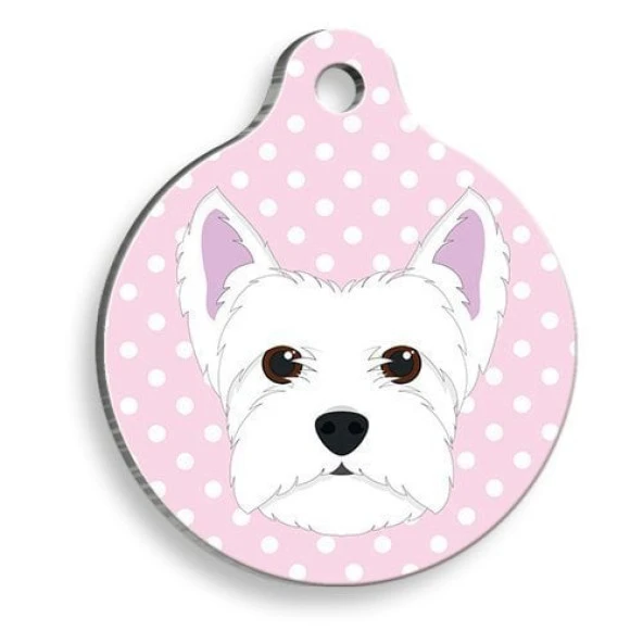 Pembe Puantiyeli Batı Highland Beyaz Terrier Yuvarlak Köpek Künyesi Medium: 3 cm.