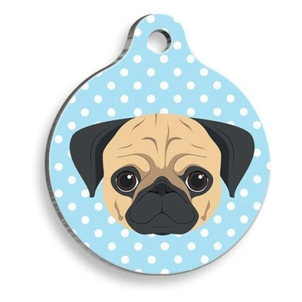 Mavi Puantiyeli Pug Yuvarlak Köpek Künyesi Medium: 3 cm. ürün görseli 1