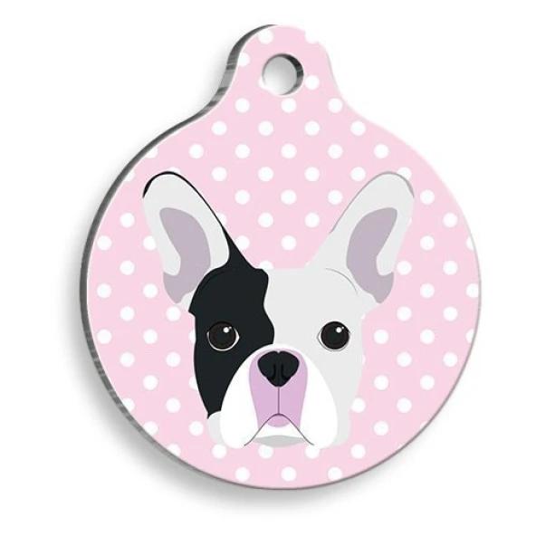 Pembe Puantiyeli Boston Terrier Yuvarlak Köpek Künyesi Small: 2,5 cm. ürün görseli 1