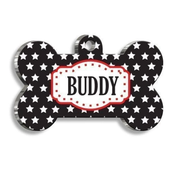 Siyah Üstüne Yıldızlı Kedi Köpek Künyesi Medium: 2,6 x 3,8 cm. ürün görseli 1