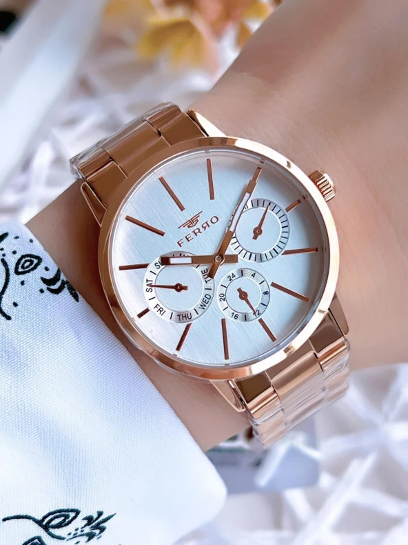 Ferro Rose Gold Renk İç Fonksiyonları Aktif 3 Atm Çelik Kordon Kadın Kol Saati BF21072AWT-C ürün görseli 1