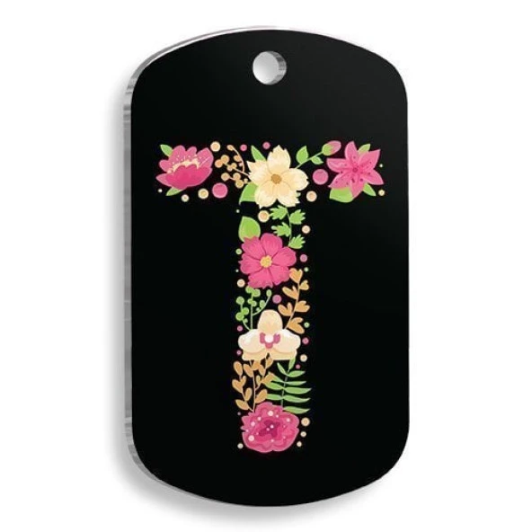 Çiçekli T Harfi Asker Kedi ve Köpek Künyesi Large: 2,9 x 5 cm. ürün görseli 1