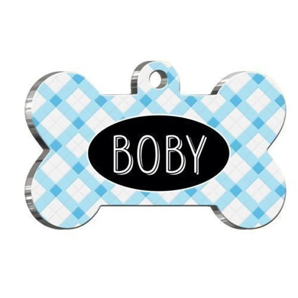 Mavi Ekoseli Kemik Şekilli Kedi Köpek Künyesi ürün görseli 1